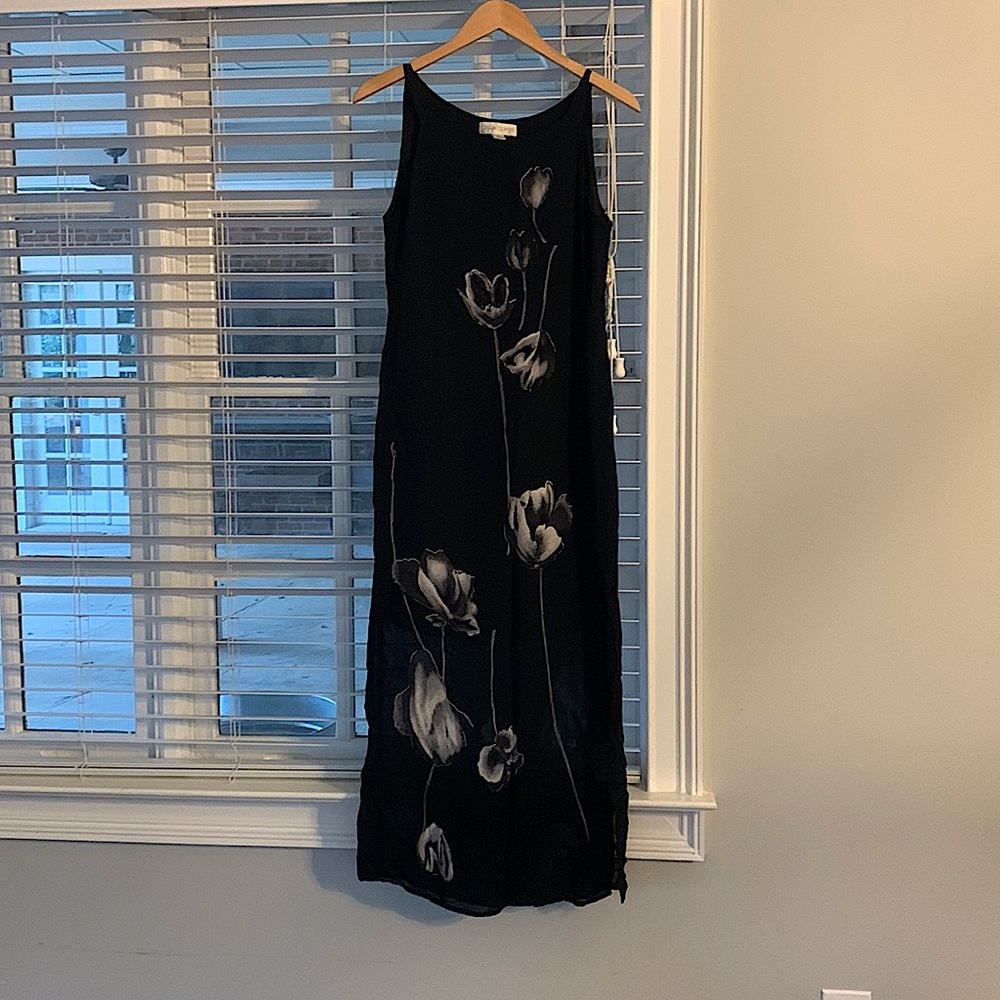 Casual Corner long black dress with sheer overlay and floral print. Size 6.